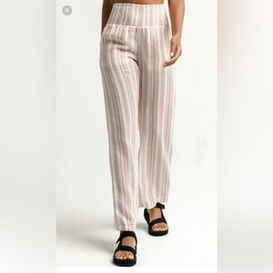 Billabong Women's Waves Stripe Tan White Stripe Cotton Linen Like Pants